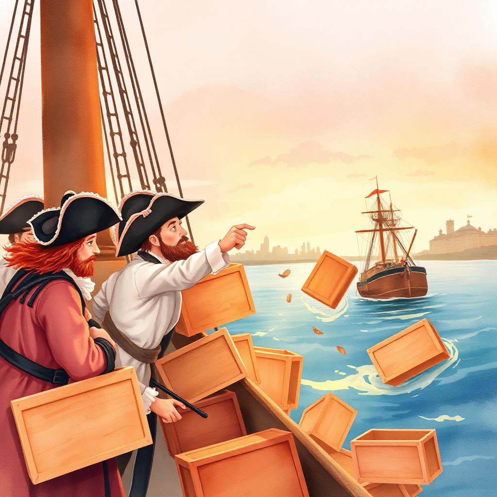 Storybook illustration of The Tea in the Harbor