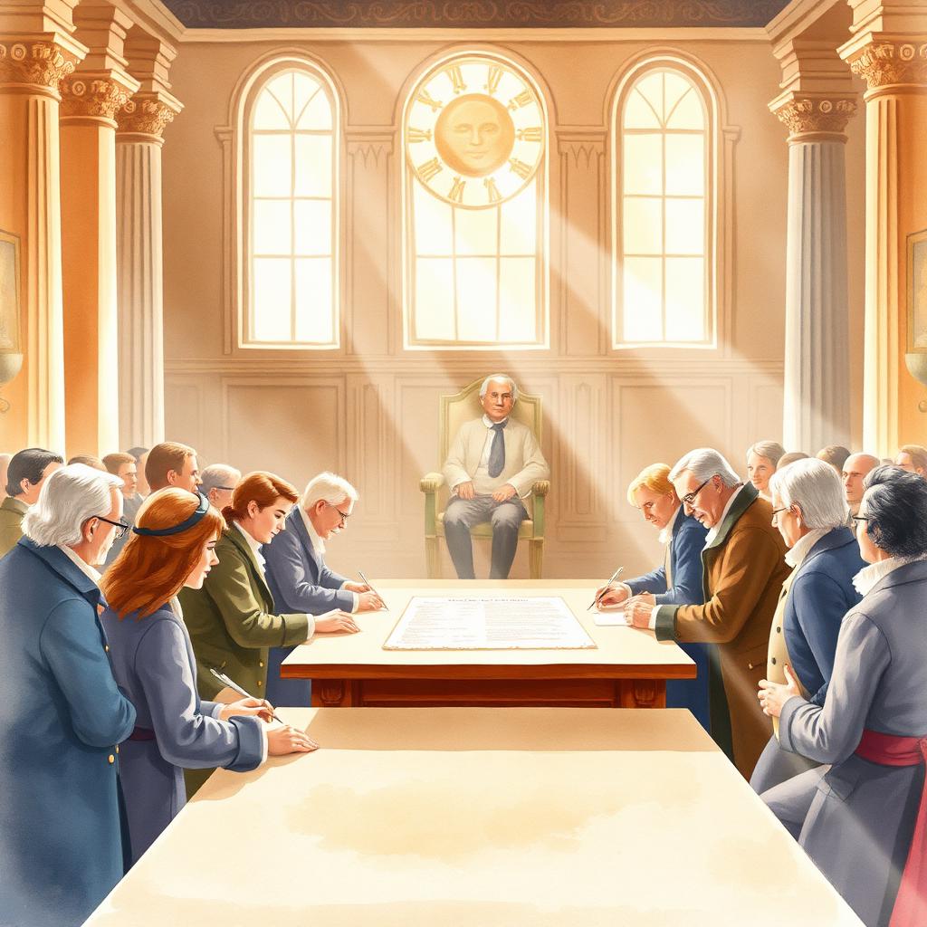 Storybook illustration of Signing the Constitution