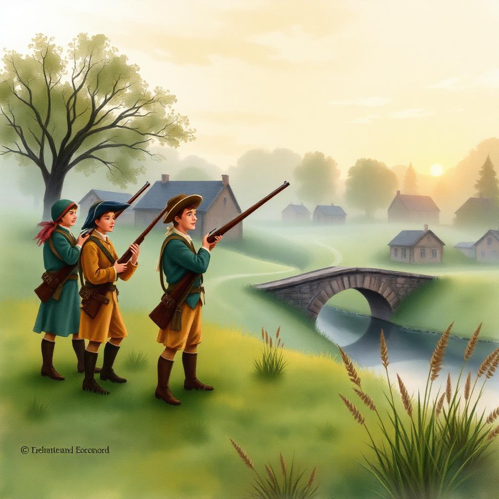Storybook illustration of The Shot Heard 'Round the World
