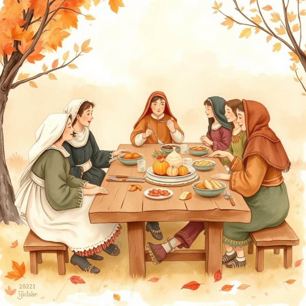 Storybook illustration of The First Thanksgiving